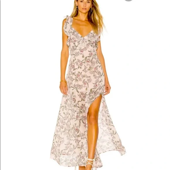 NWT For Love and Lemons Bee Balm Pink Floral Maxi Ruffle Dress Size XS N… - Picture 2 of 10